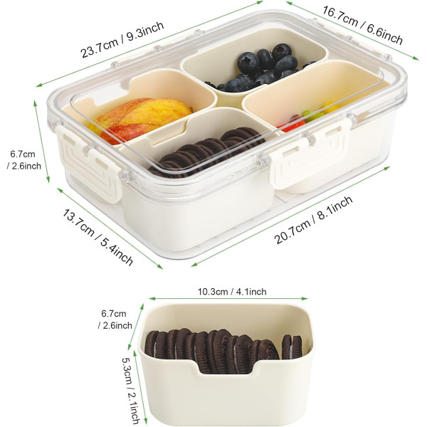 4 Compartment Fridge Storage Box with Lid Handle Divided Vegetable Snack Organizer