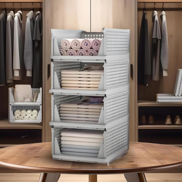 Storage Organizer for Clothes Foldable Wardrobe Cupboard Organizer Box Set Closet Storage Basket for Almirah Large Size Pack of 4 Gray