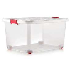 Plastic Multipurpose Stackable Storage Box with Lid, Wheels, Transparent 54 Liter Box