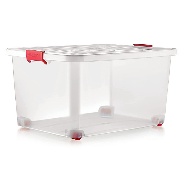 Plastic Multipurpose Stackable Storage Box with Lid, Wheels, Transparent 54 Liter Box