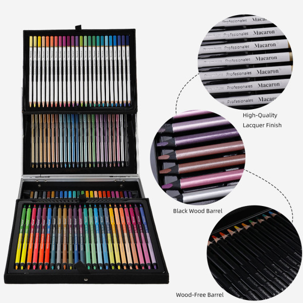 Macaron 96pcs Sketching Colored Pencils Set with Metallic, Fluorescent And Watercolor Shades 4mm Thickened Lead 