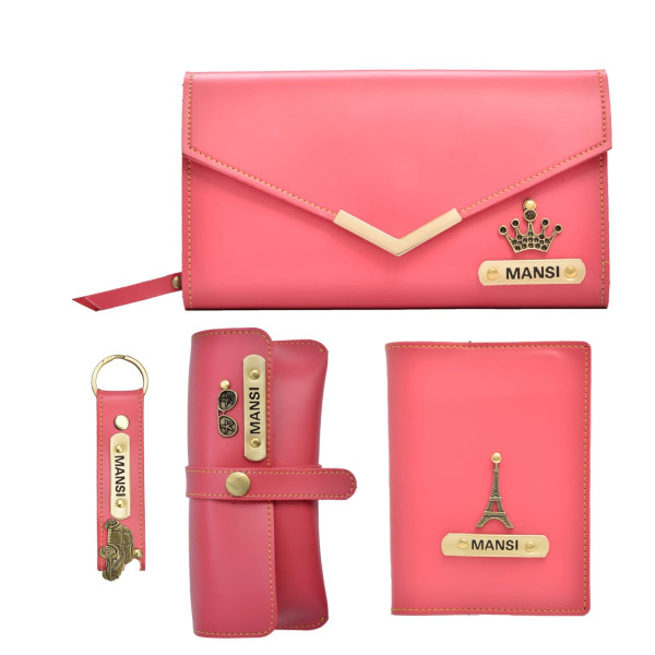 Customized Women Wallet Gift Set 4 Pcs Combo with Name And Charm Personalized Gifts for Women