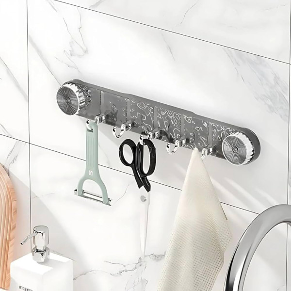 Heavy Duty Suction Cup Hook Rail with 6 Adjustable Hooks No Drill Waterproof Organizer