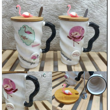 Flamingo Ceramic Cups with spoon and Cap
