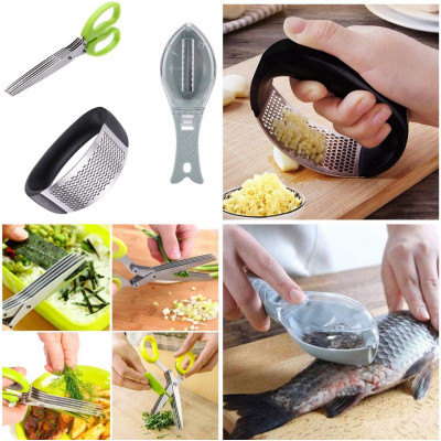  Combo Of 3 Fish Scale Scraper/Remover Knife/Peeler/Skin Cleaner|Stainless Steel Kitchen Garlic Crusher