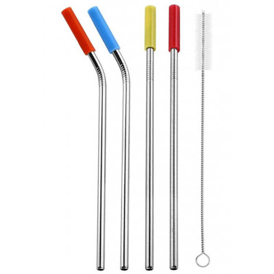 5 PCS/ set Reusable Stainless Steel Straws Straight Bent Drinking Straws with Silicone Tips for Hot Cold Beverage Drink Bar Tools