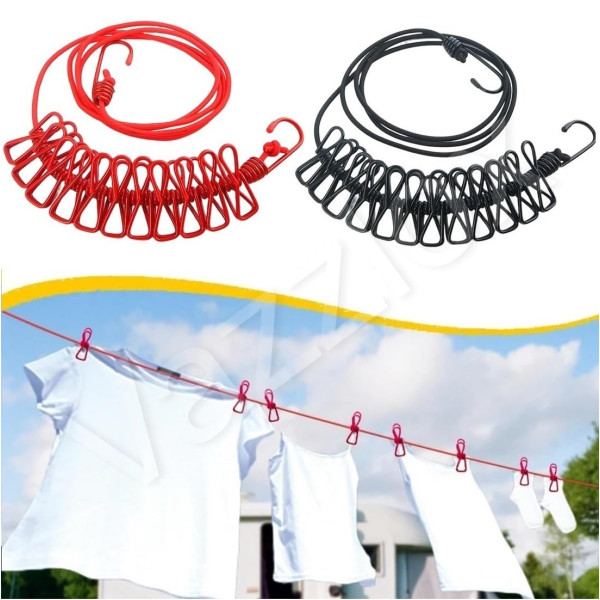 Cloth Drying Rope with Hooks / Elastic Cloth Hanging Rope for Cloth Drying with 12 Clips Cloth 