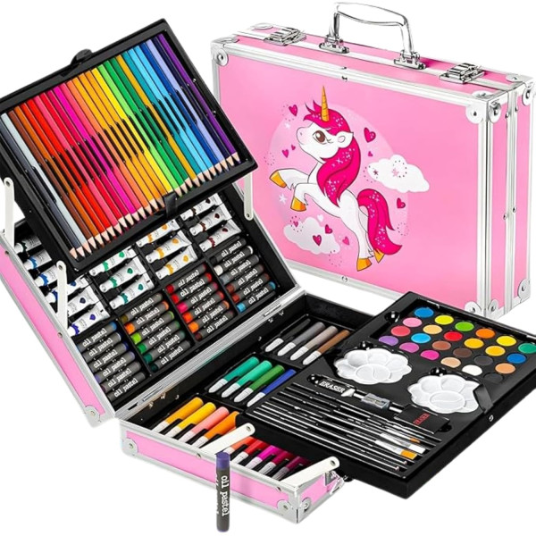 Art Set for Kids 145 Pieces Drawing Kit with Color Pencils Oil Pastels, Paint Brushes, Unicorn Theme Art Set