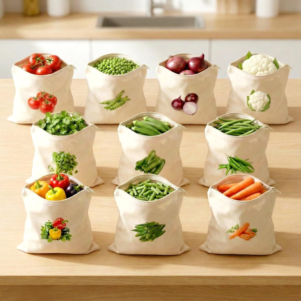 100% Cotton Reusable Vegetable Bags for Fridge / 10 Pcs / Washable Breathable Zipper Cloth Bags for Vegetables